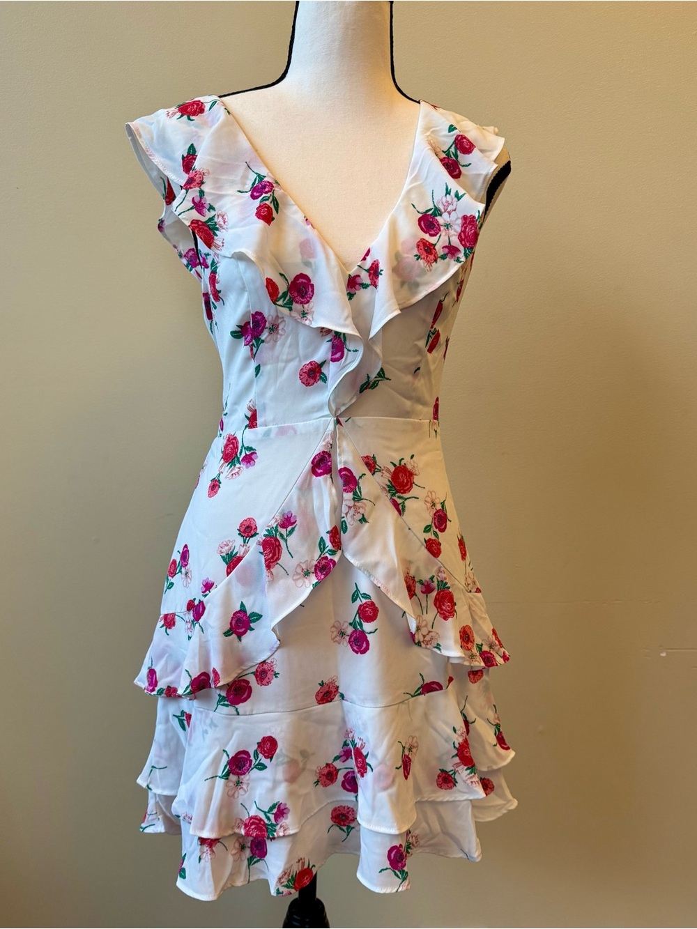 Express - Size 2 - White Mini Dress with Pink Floral Print and Ruffle Tiers